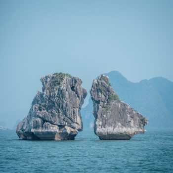 A beautiful shot of Kissing rocks at Ha Long Bay in Vietnam